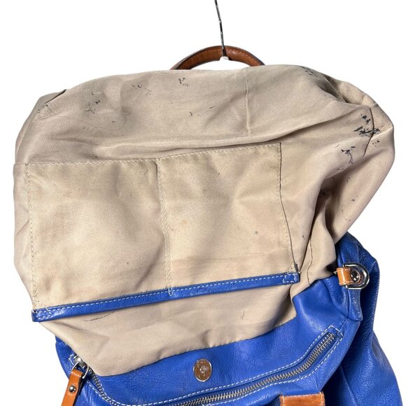 Amber Rose Blue Leather Purse Shoulder Bag Italy Tan Handles Zippers Pockets - Picture 12 of 14